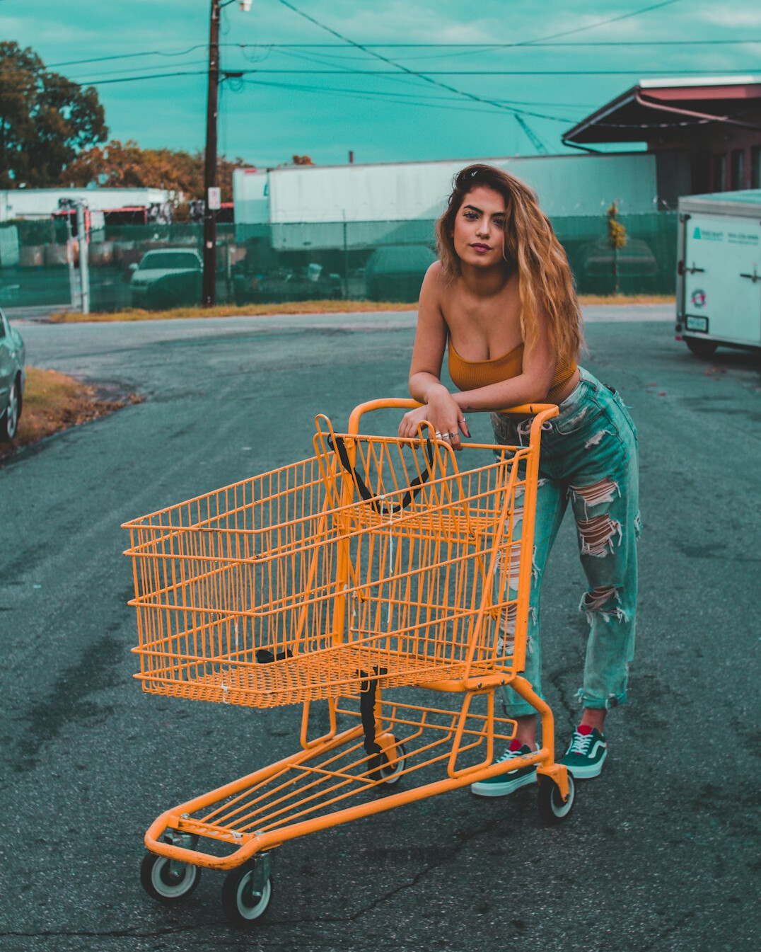 woman pushing shopping cart